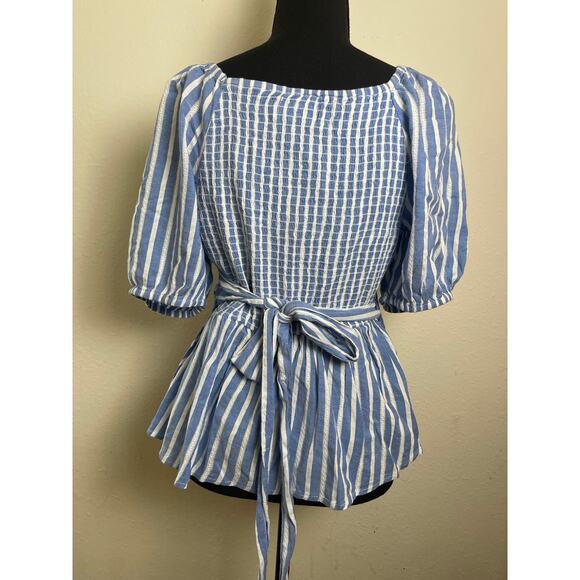 Old Navy Women's Striped Wrap Baby Doll Top Blue M Cottage Pastoral Feminine - Picture 4 of 15